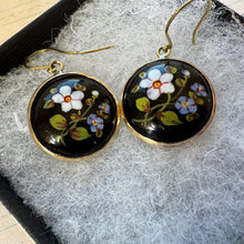 Cargar imagen en el visor de la galería, Antique Victorian English Enamel Forget-me-Not &amp; Rose Earrings. Hand-Painted Flower Earrings. Gold On Silver Pendant Drop Hook Earrings
