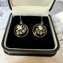 Cargar imagen en el visor de la galería, Antique Victorian English Enamel Forget-me-Not &amp; Rose Earrings. Hand-Painted Flower Earrings. Gold On Silver Pendant Drop Hook Earrings
