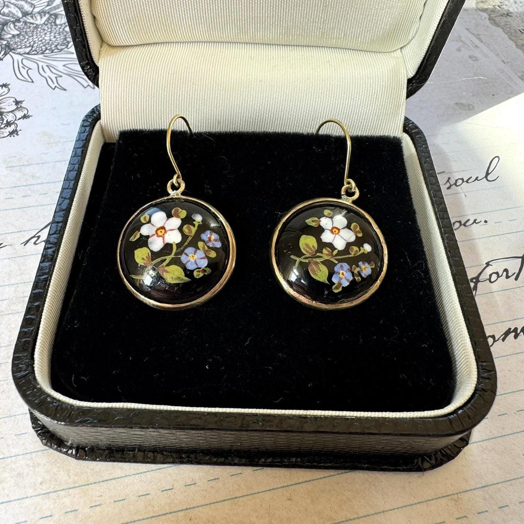 Antique Victorian English Enamel Forget-me-Not & Rose Earrings. Hand-Painted Flower Earrings. Gold On Silver Pendant Drop Hook Earrings