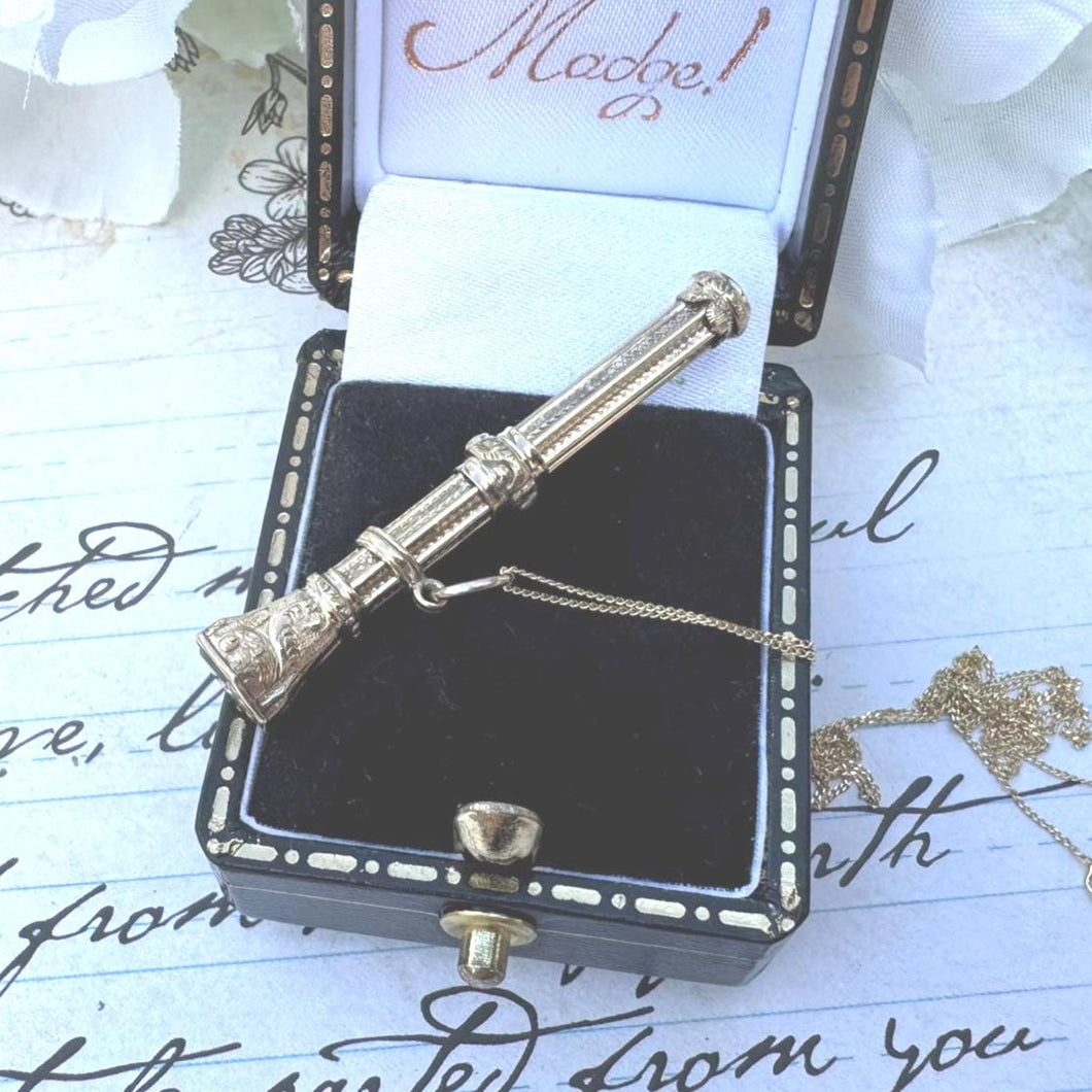 Antique 15ct Gold & Citrine Miniature Pencil Pendant. Victorian Engraved Yellow Gold Propelling Pencil Novelty Pendant, Optional Gold Chain