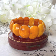 Load image into Gallery viewer, Antique Genuine Baltic Amber Panel Bracelet. Art Deco Carved Egg Yolk Amber Stretch Bracelet. Natural Untreated Amber Bracelet
