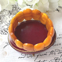 Load image into Gallery viewer, Antique Genuine Baltic Amber Panel Bracelet. Art Deco Carved Egg Yolk Amber Stretch Bracelet. Natural Untreated Amber Bracelet
