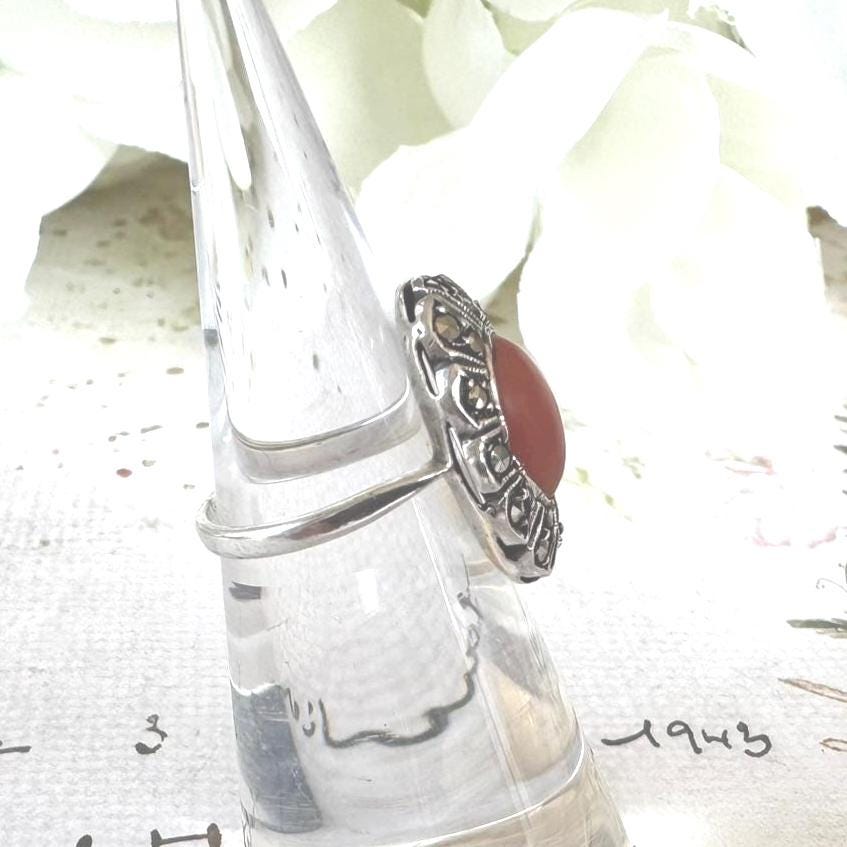Antique Art Deco Sterling Silver Coral Cabochon Ring