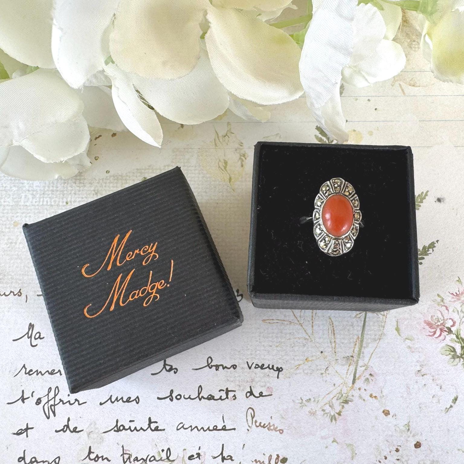 Antique Art Deco Sterling Silver Coral Cabochon Ring