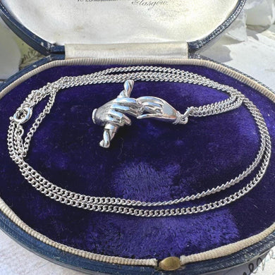 Vintage Sterling Silver Fede Clasped Hand Pendant Necklace. Unique Betrothal Pendant & Long Curb Chain. Sterling Silver Love Token Necklace
