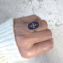 Cargar imagen en el visor de la galería, Antique Victorian 15ct Gold Blue Enamel &amp; Pearl Cross Mourning Ring. Rose Gold Elongated Oval Navette/Marquise Ring Size O-1/2 UK/7-1/2 USA
