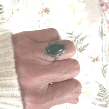 Cargar imagen en el visor de la galería, Art Deco Apple Green Chrysoprase Cabochon Silver Ring. Antique 1930&#39;s Silver Marcasite Gemstone Ring. Statement Cocktail Ring Size L,5-3/4
