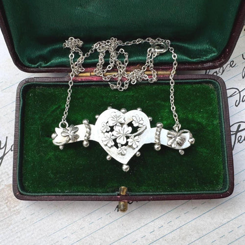 Victorian Sterling Silver Heart & Shamrock Sweetheart Necklace, Dated 1900. High Quality Antique Upcycled Sustainable Jewellery
