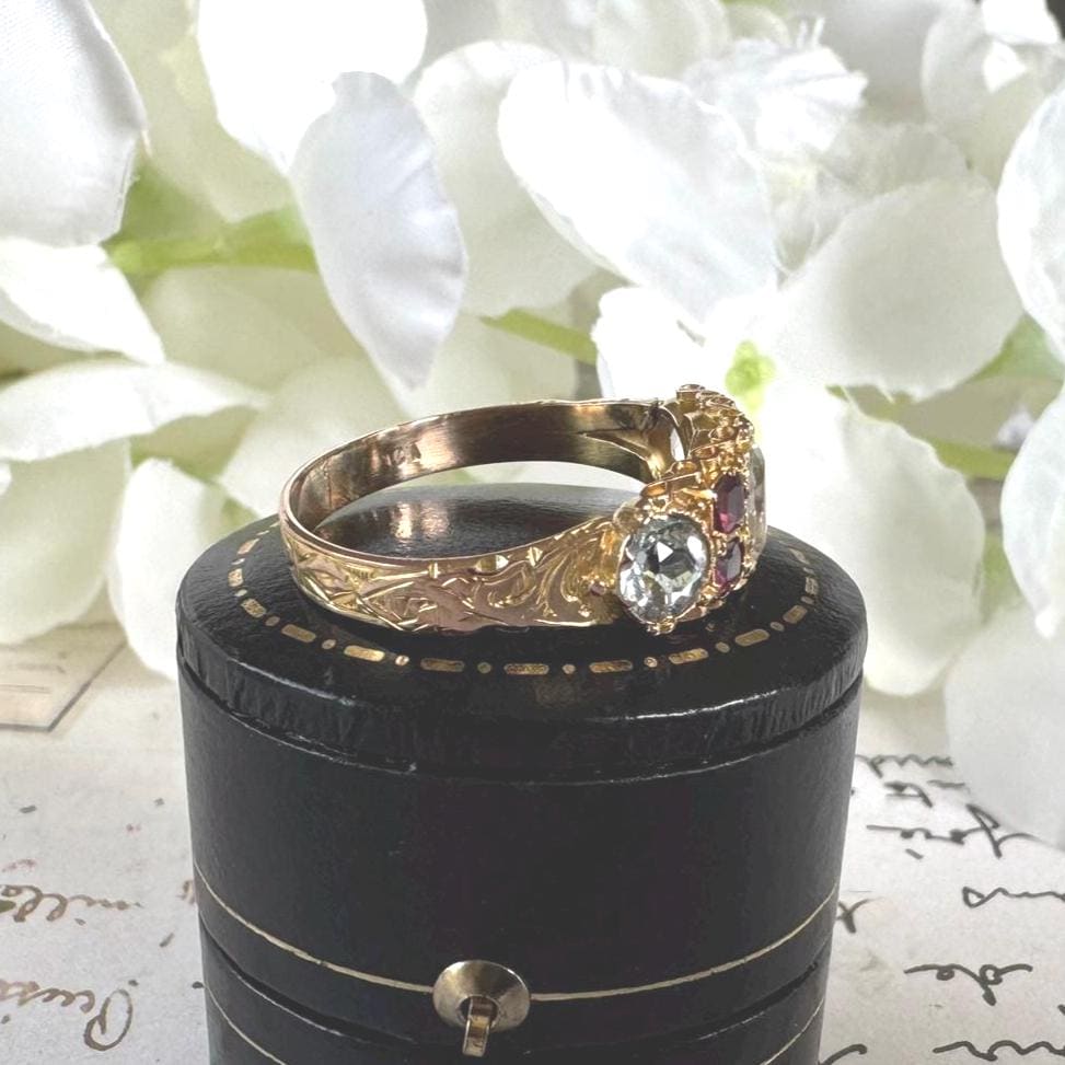 Georgian 18ct Gold Rare White & Pink Tourmaline Ring. Antique Engraved 18K Yellow Gold Rose-Cut Colour Change Gemstone Ring, Size R/ 8-1/2