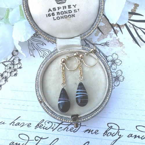 Antique Victorian Scottish Banded Agate Rolled Gold Screw-Back Earrings. Bulls-Eye Agate Long Drop Earrings. Antique Screw Back Earrings
