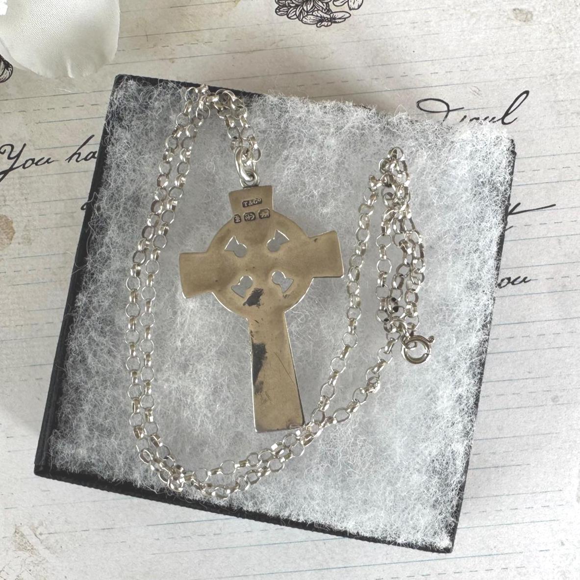 Antique Victorian Sterling Silver, 9ct Gold Cross Pendant Necklace, T&Co 1884. Large Aesthetic Engraved Silver Celtic Cross On Belcher Chain