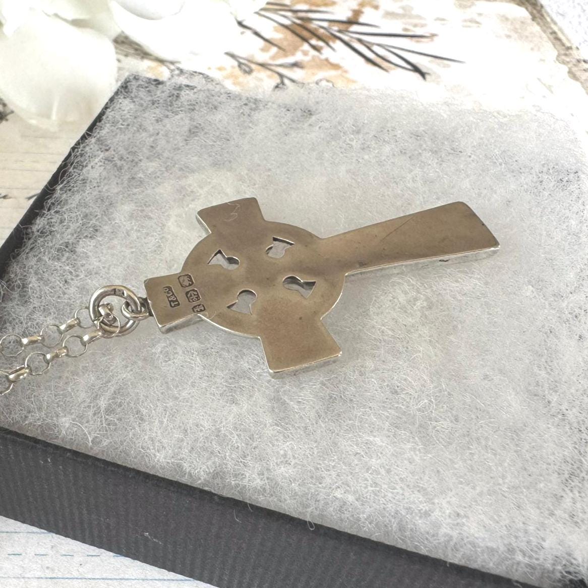 Antique Victorian Sterling Silver, 9ct Gold Cross Pendant Necklace, T&Co 1884. Large Aesthetic Engraved Silver Celtic Cross On Belcher Chain