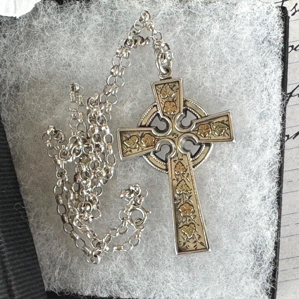 Antique Victorian Sterling Silver, 9ct Gold Cross Pendant Necklace, T&Co 1884. Large Aesthetic Engraved Silver Celtic Cross On Belcher Chain