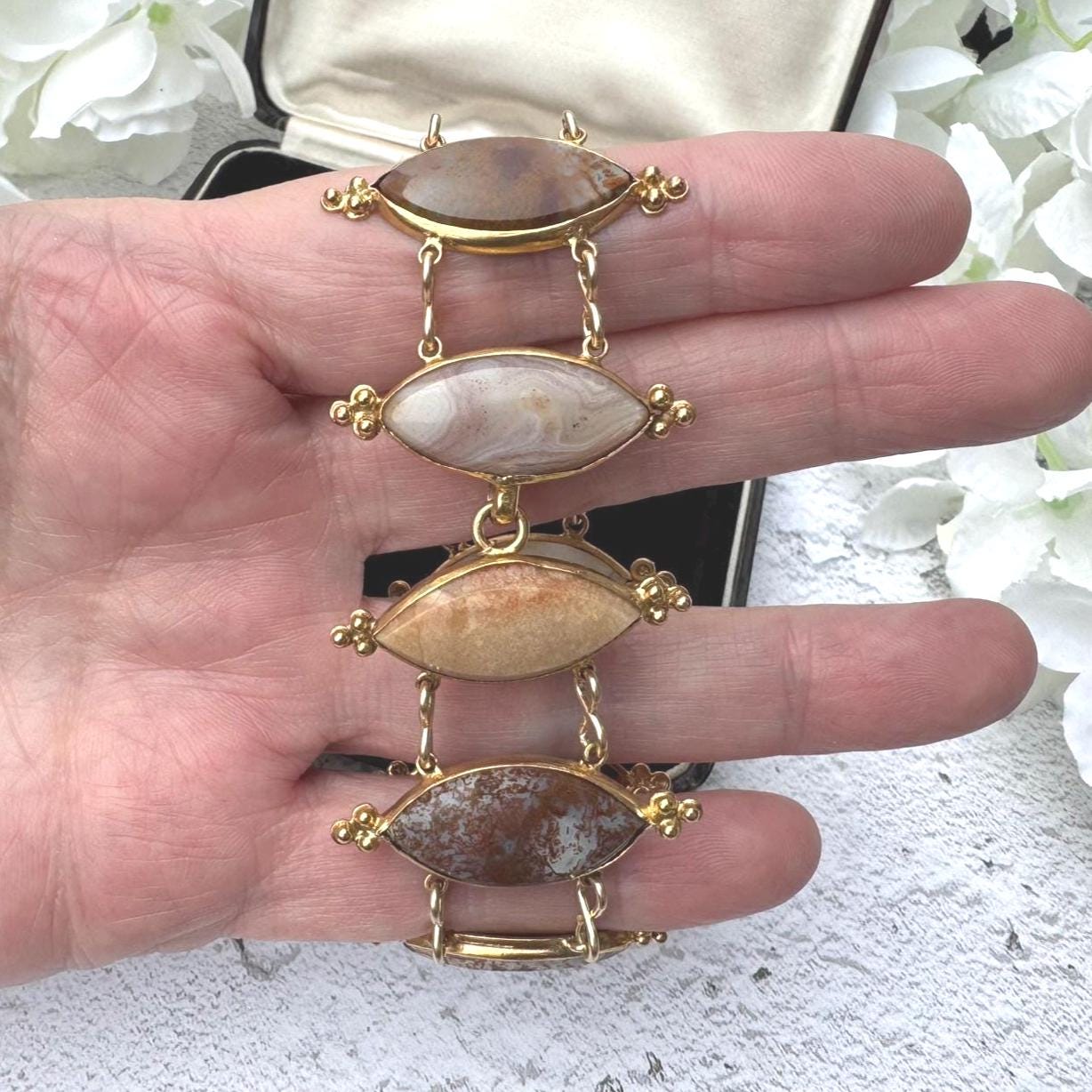 Antique Georgian Scottish Agate Gold Gilded Silver Bracelet. Wide Scottish Pebble Mixed Agate Bracelet. Victorian Marquise Panel Bracelet