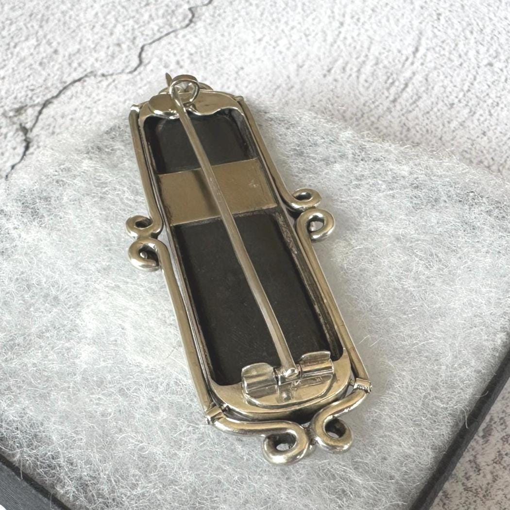 Victorian Inlaid Scottish Agate Sterling Silver Huge Bar Brooch. Tartan Cloak/Brooch/Kilt Pin. Antique Scottish Pebble Specimen Jewelry