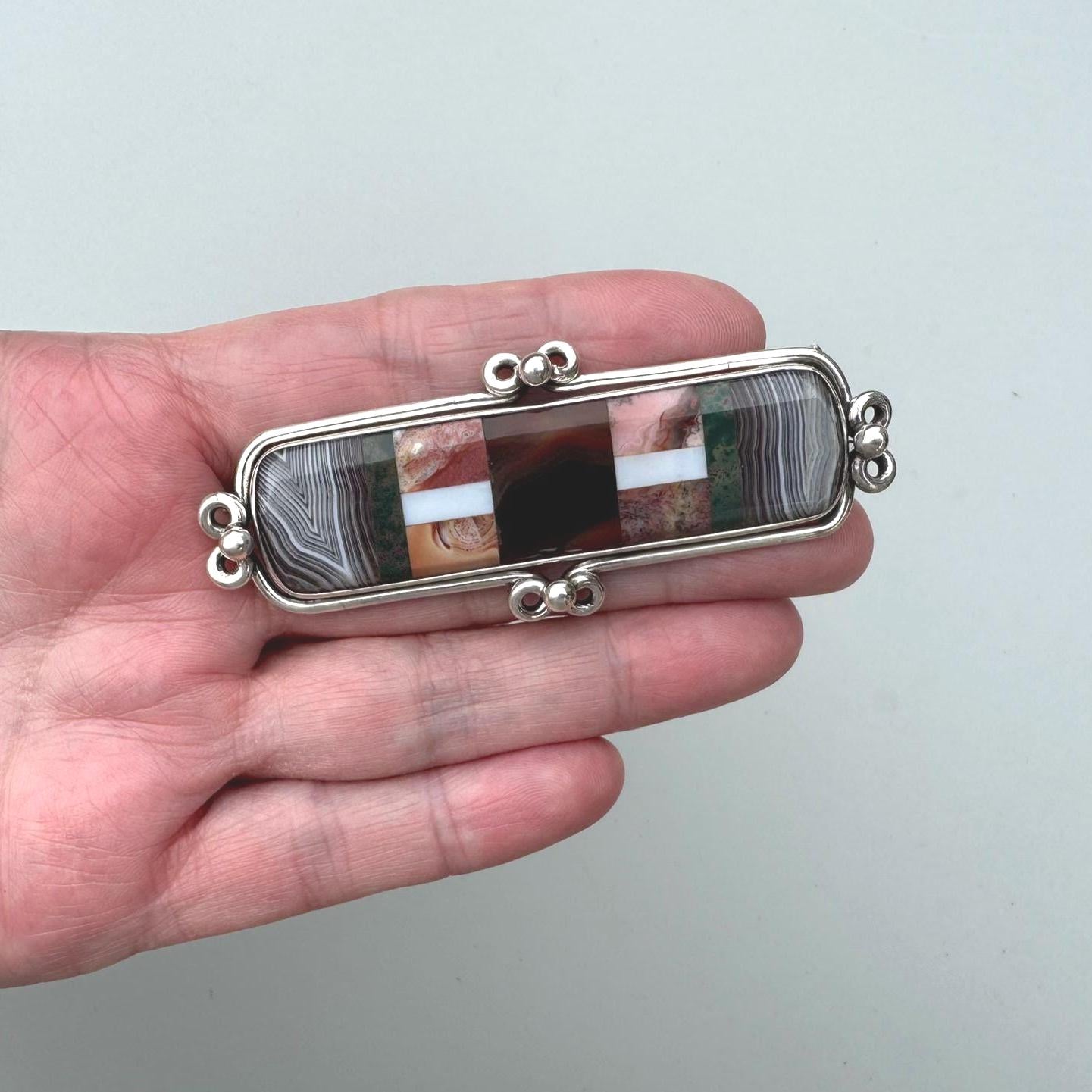 Victorian Inlaid Scottish Agate Sterling Silver Huge Bar Brooch. Tartan Cloak/Brooch/Kilt Pin. Antique Scottish Pebble Specimen Jewelry