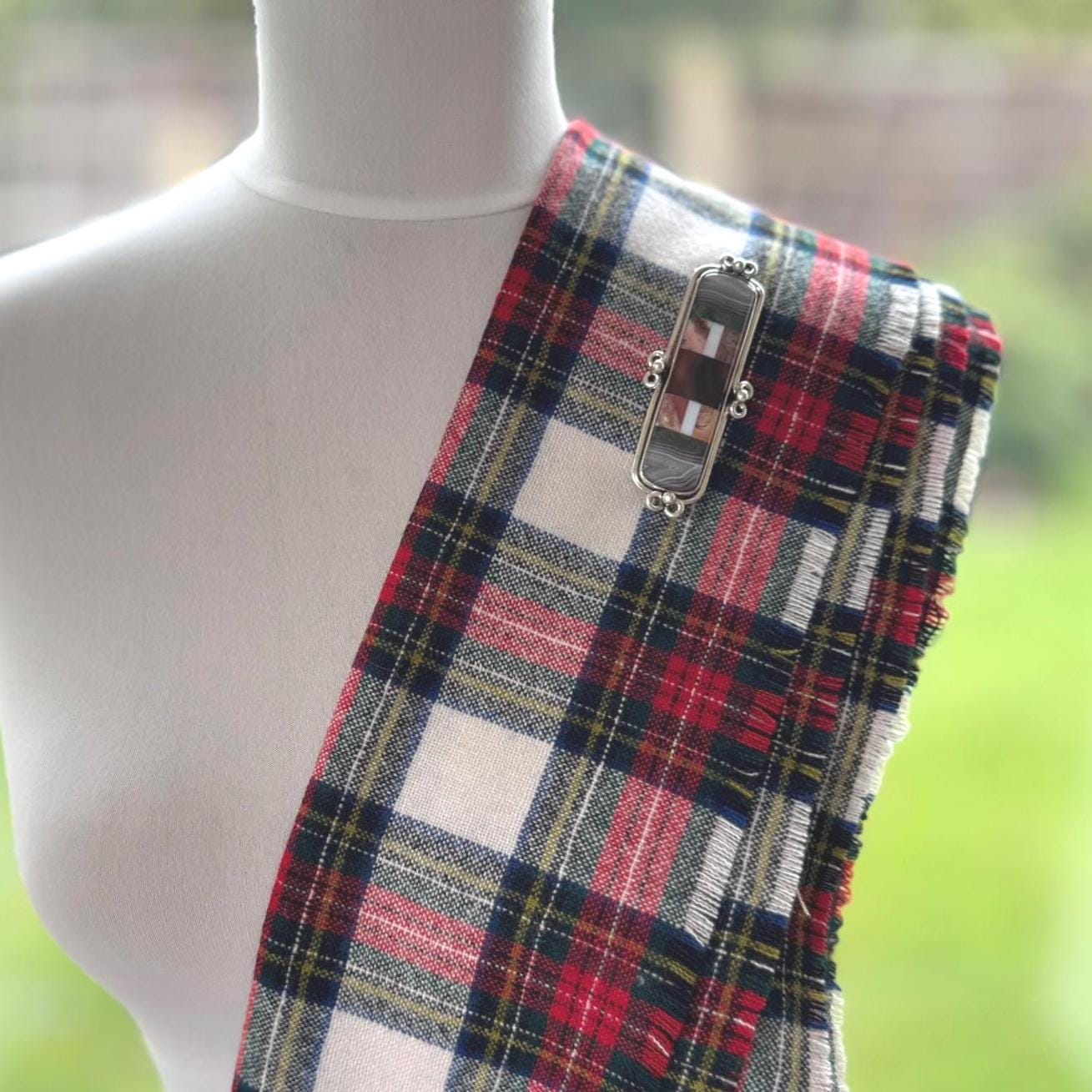 Victorian Inlaid Scottish Agate Sterling Silver Huge Bar Brooch. Tartan Cloak/Brooch/Kilt Pin. Antique Scottish Pebble Specimen Jewelry