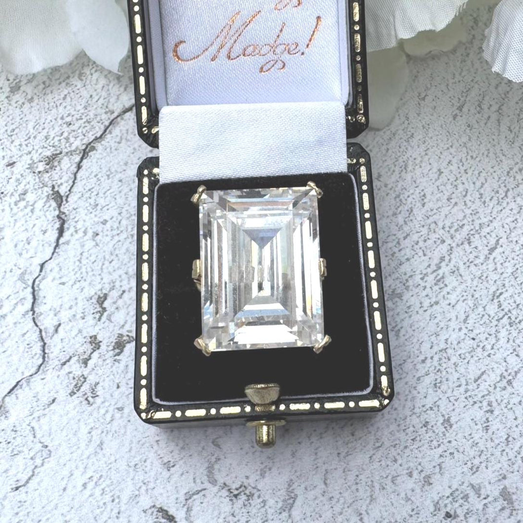 Vintage 9ct Gold 24ct Emerald Cut Rock Crystal Ring. Huge Clear Gemstone Baguette Solitaire Ring. 1970's Yellow Gold Statement Cocktail Ring