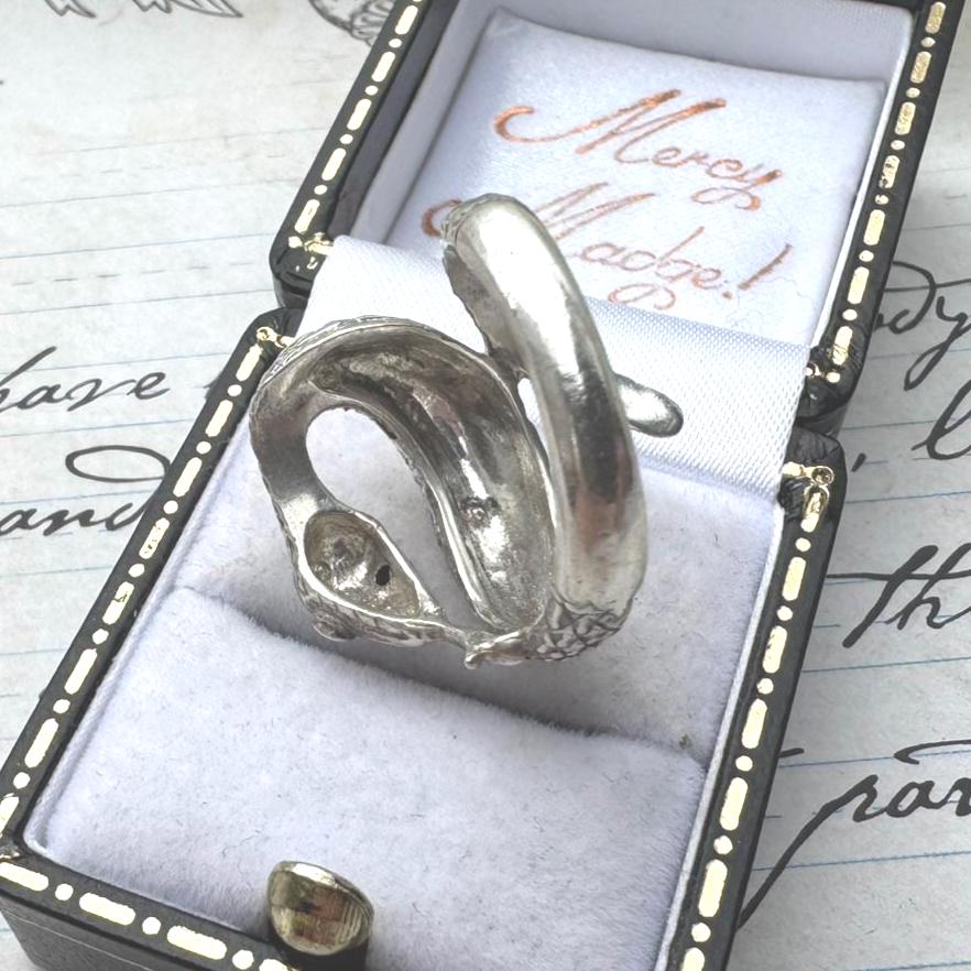 Vintage Sterling Silver Coiled Snake Ring With Ruby Eyes. Engraved Silver Gem Set Snake Ring, Size L-1/2, 6. Love Token Statement Jewellery