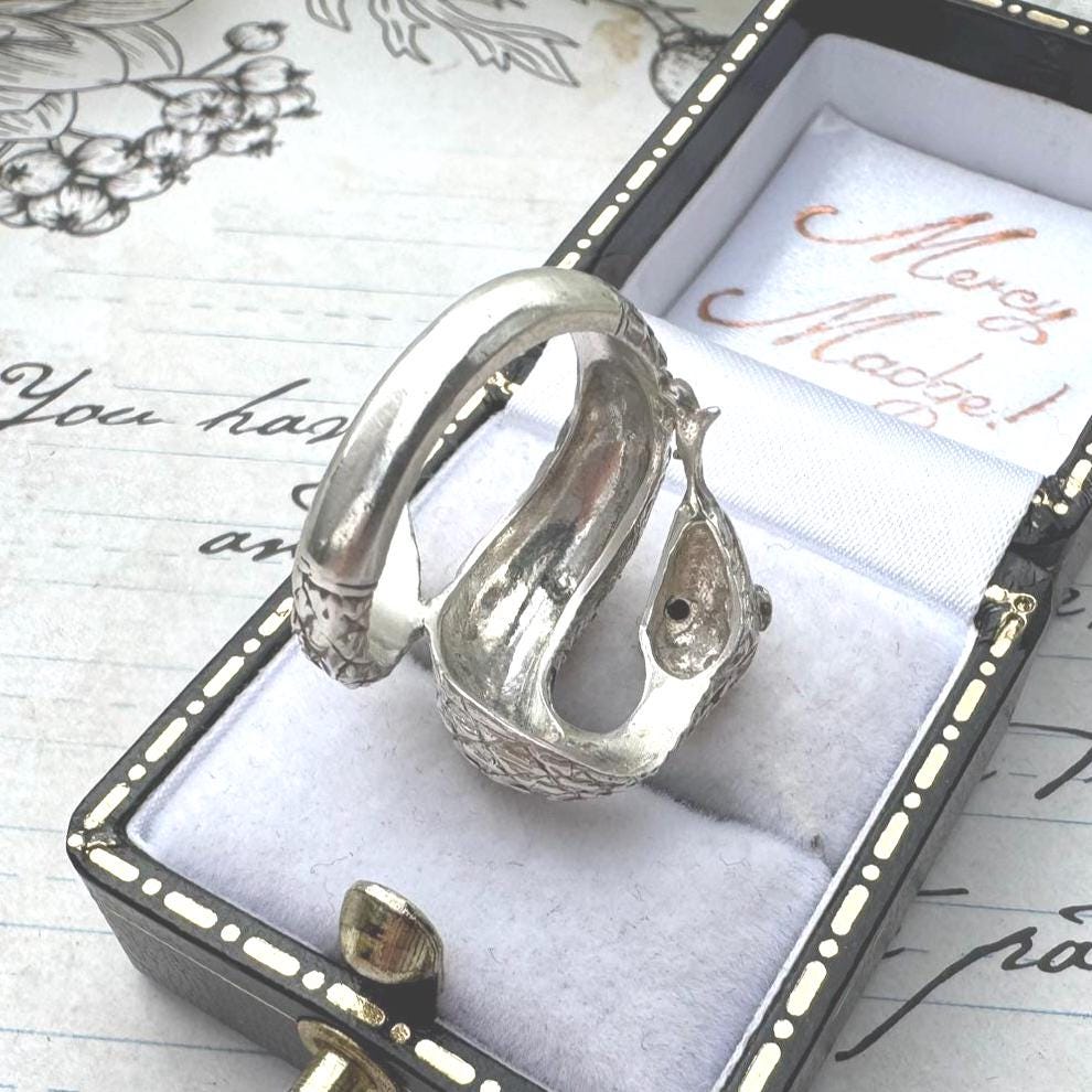 Vintage Sterling Silver Coiled Snake Ring With Ruby Eyes. Engraved Silver Gem Set Snake Ring, Size L-1/2, 6. Love Token Statement Jewellery