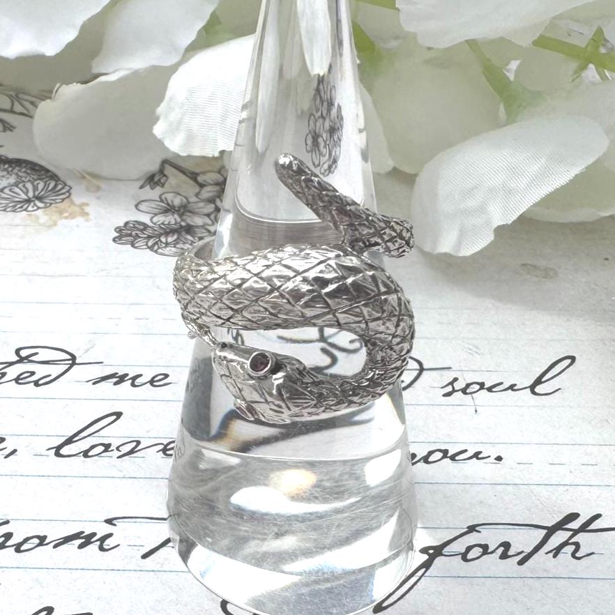 Vintage Sterling Silver Coiled Snake Ring With Ruby Eyes. Engraved Silver Gem Set Snake Ring, Size L-1/2, 6. Love Token Statement Jewellery