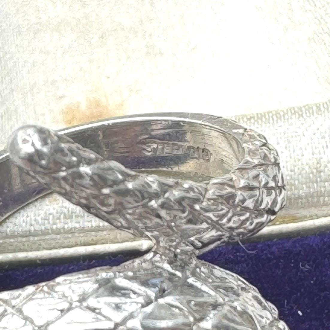 Vintage Sterling Silver Coiled Snake Ring With Ruby Eyes. Engraved Silver Gem Set Snake Ring, Size L-1/2, 6. Love Token Statement Jewellery