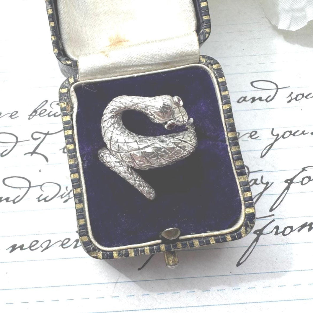 Vintage Sterling Silver Coiled Snake Ring With Ruby Eyes. Engraved Silver Gem Set Snake Ring, Size L-1/2, 6. Love Token Statement Jewellery