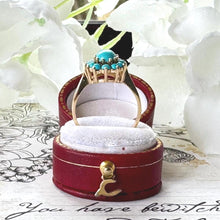 Carica l&#39;immagine nel visualizzatore di Gallery, Vintage 1976 9ct Yellow Gold &amp; Turquoise Cluster Ring. Vibrant Duck-Egg Blue Gemstone Cabochon Halo Ring, Size UK, R-1/2, USA 9
