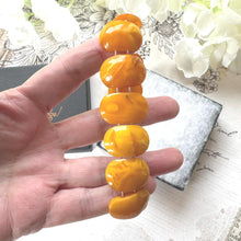 Load image into Gallery viewer, Antique Genuine Baltic Amber Panel Bracelet. Art Deco Carved Egg Yolk Amber Stretch Bracelet. Natural Untreated Amber Bracelet
