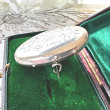 Carica l&#39;immagine nel visualizzatore di Gallery, Antique Victorian Sterling Silver Lily-of-the-Valley Locket Brooch. Oval Aesthetic Engraved 2-Photo Locket Brooch/Lapel Pin
