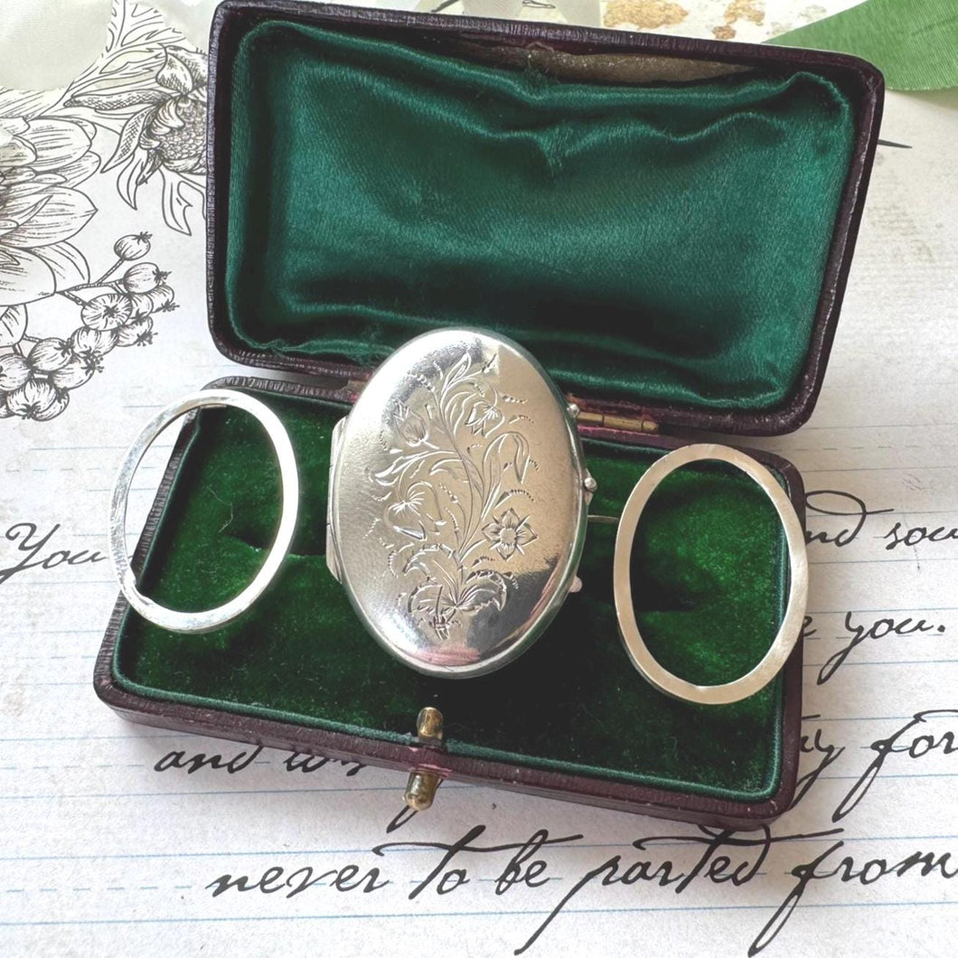 Antique Victorian Sterling Silver Lily-of-the-Valley Locket Brooch. Oval Aesthetic Engraved 2-Photo Locket Brooch/Lapel Pin