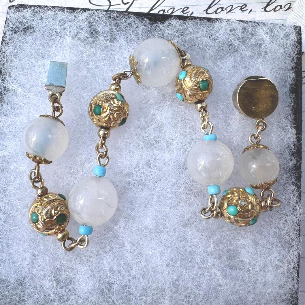 Antique Georgian Moonstone & Turquoise 18ct Gold Gilt Silver Bracelet. Early Victorian Etruscan Revival Moonstone Bead Pomander Bracelet.