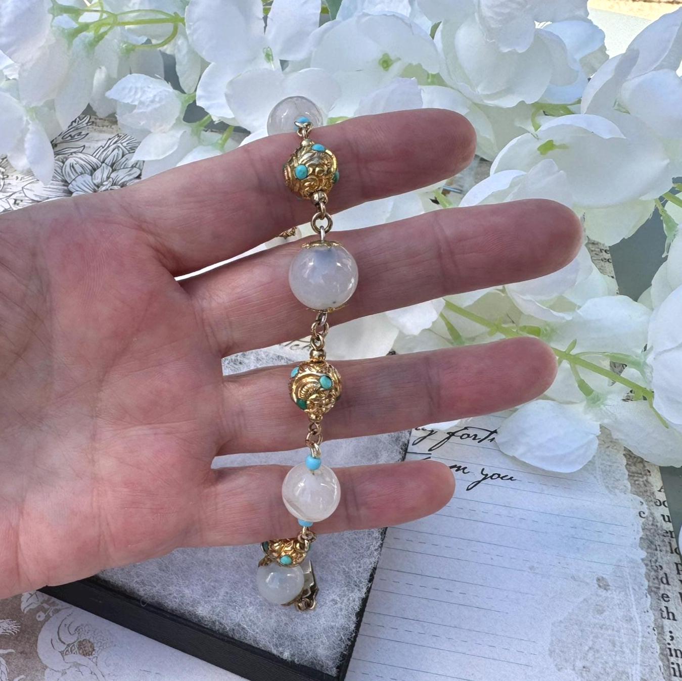 Antique Georgian Moonstone & Turquoise 18ct Gold Gilt Silver Bracelet. Early Victorian Etruscan Revival Moonstone Bead Pomander Bracelet.