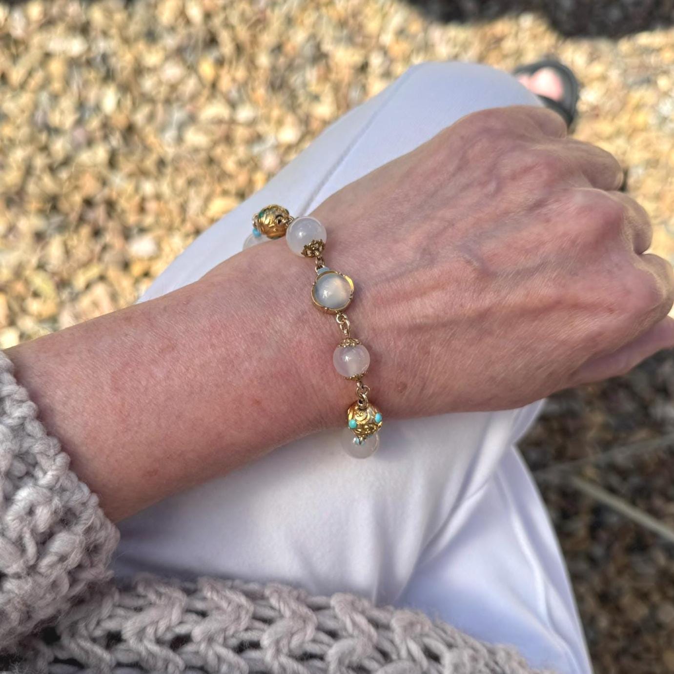 Antique Georgian Moonstone & Turquoise 18ct Gold Gilt Silver Bracelet. Early Victorian Etruscan Revival Moonstone Bead Pomander Bracelet.