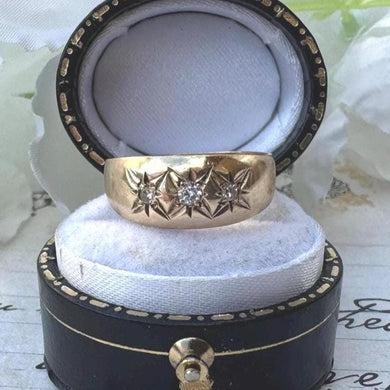 Vintage 9ct Gold 3-Stone Diamond Gypsy Ring. Victorian Style Bright-Cut Star Trilogy Band Ring. Yellow Gold Dome Ring, UK Size M, USA/6.5