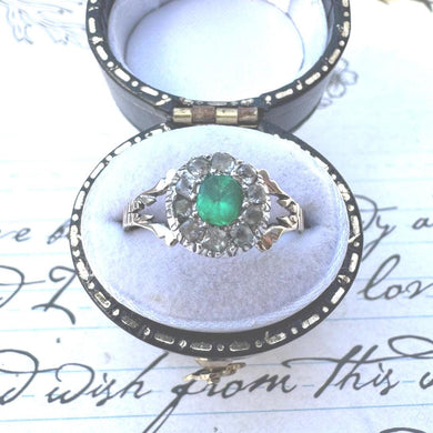 Antique Georgian 9ct Gold Paste Diamond & Emerald Cluster Ring, Size UK O, USA 7-1/4