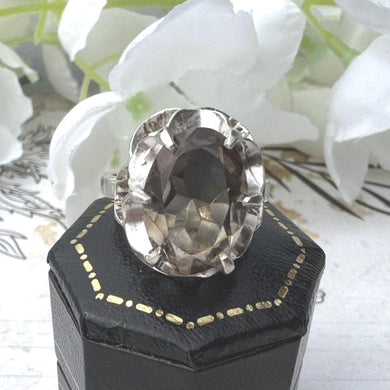 Vintage Sterling Silver Smoky Quartz Solitaire Cocktail Ring, Dated 1977. Bold 3.50ct Cairngorm Topaz Gemstone Statement Ring, Size L/5.75