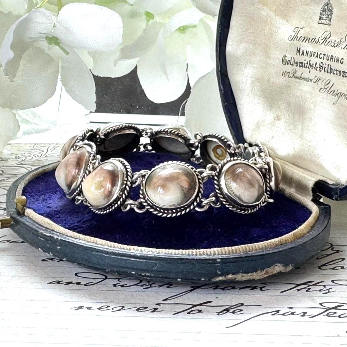 Antique Victorian Cats Eye Operculum Sterling Silver Bracelet