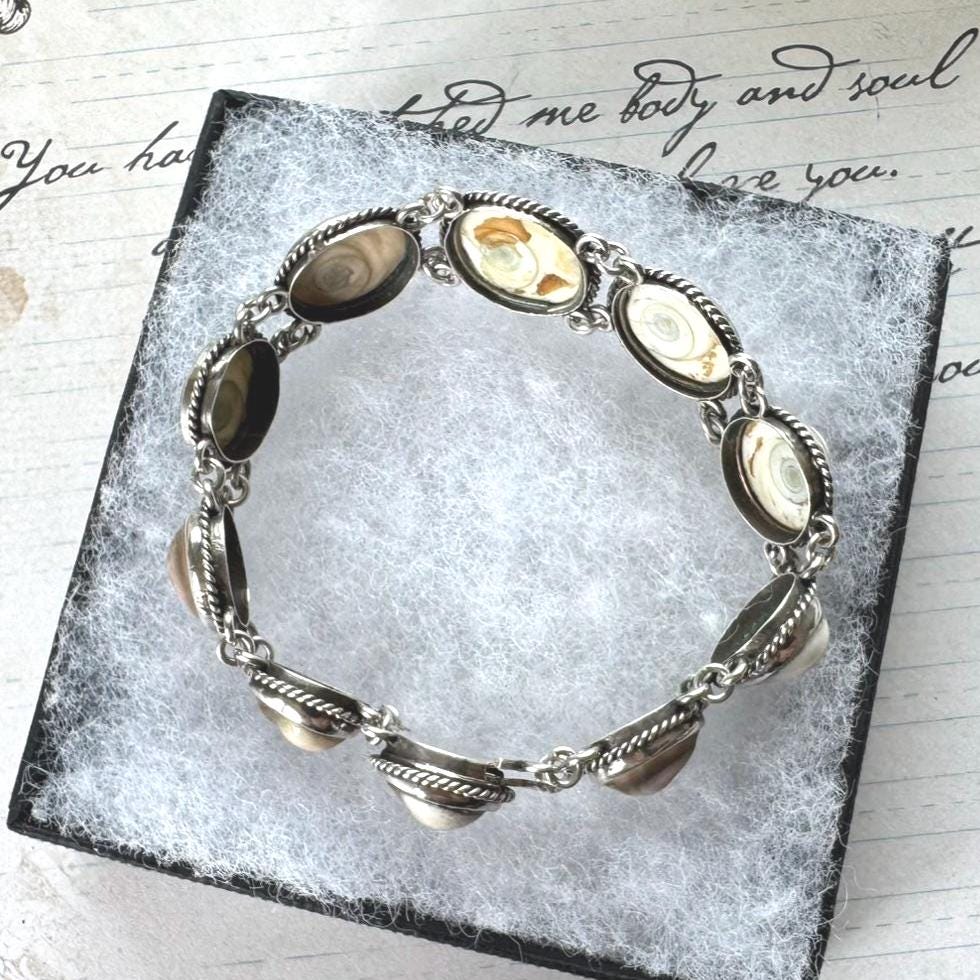 Antique Victorian Cats Eye Operculum Sterling Silver Bracelet