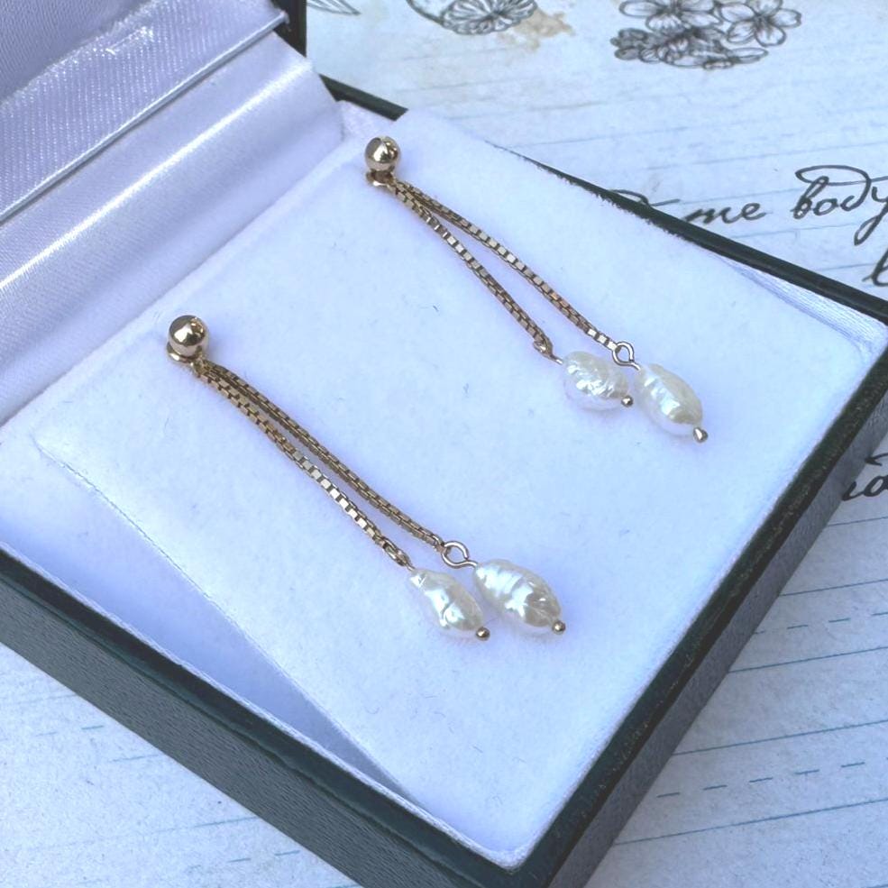 Vintage 9ct Gold Day And Night Baroque Pearl Drop Earrings