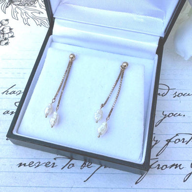 Vintage 9ct Gold Day And Night Baroque Pearl Drop Earrings. Yellow Gold Natural Pearl Long Pendant Earrings. Stud Top & Pearl Drop Earrings