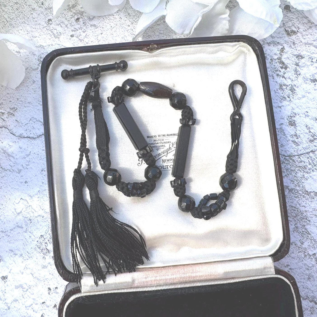 Antique Victorian French Jet Watch Chain With Swivel Clip, T-Bar & Tassel