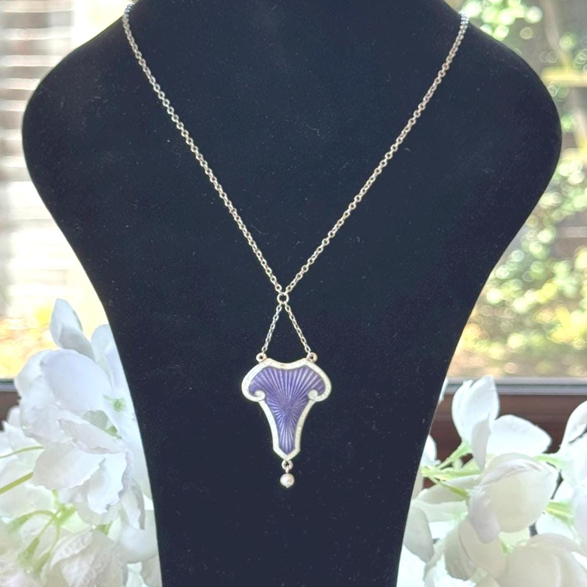 Antique Art Nouveau Sterling Silver Enamel Lavalier Pendant Necklace, Dated 1910. Edwardian Purple Guilloché Enamel Pearl Drop Long Necklace
