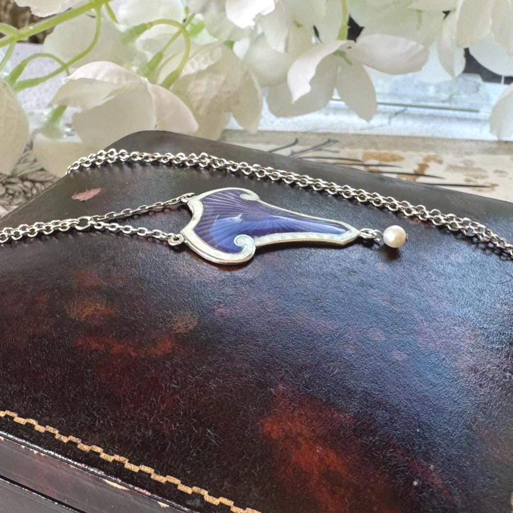 Antique Art Nouveau Sterling Silver Enamel Lavalier Pendant Necklace, Dated 1910. Edwardian Purple Guilloché Enamel Pearl Drop Long Necklace