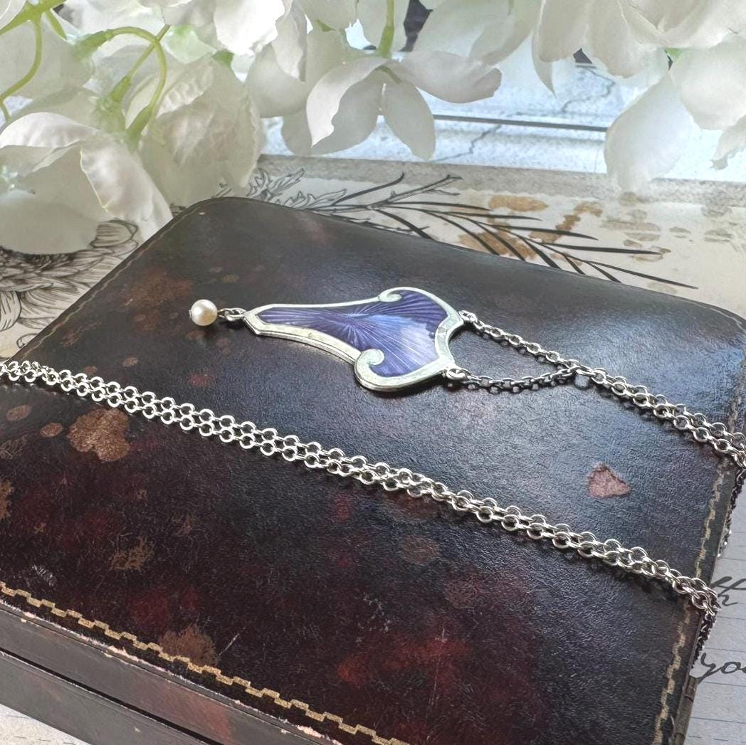 Antique Art Nouveau Sterling Silver Enamel Lavalier Pendant Necklace, Dated 1910. Edwardian Purple Guilloché Enamel Pearl Drop Long Necklace