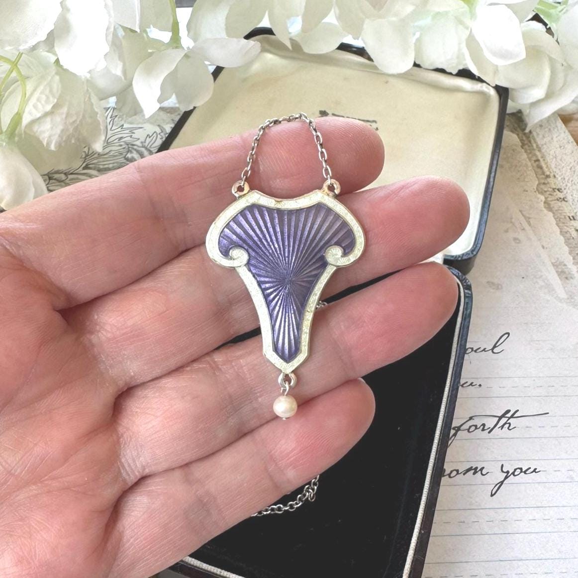 Antique Art Nouveau Sterling Silver Enamel Lavalier Pendant Necklace, Dated 1910. Edwardian Purple Guilloché Enamel Pearl Drop Long Necklace