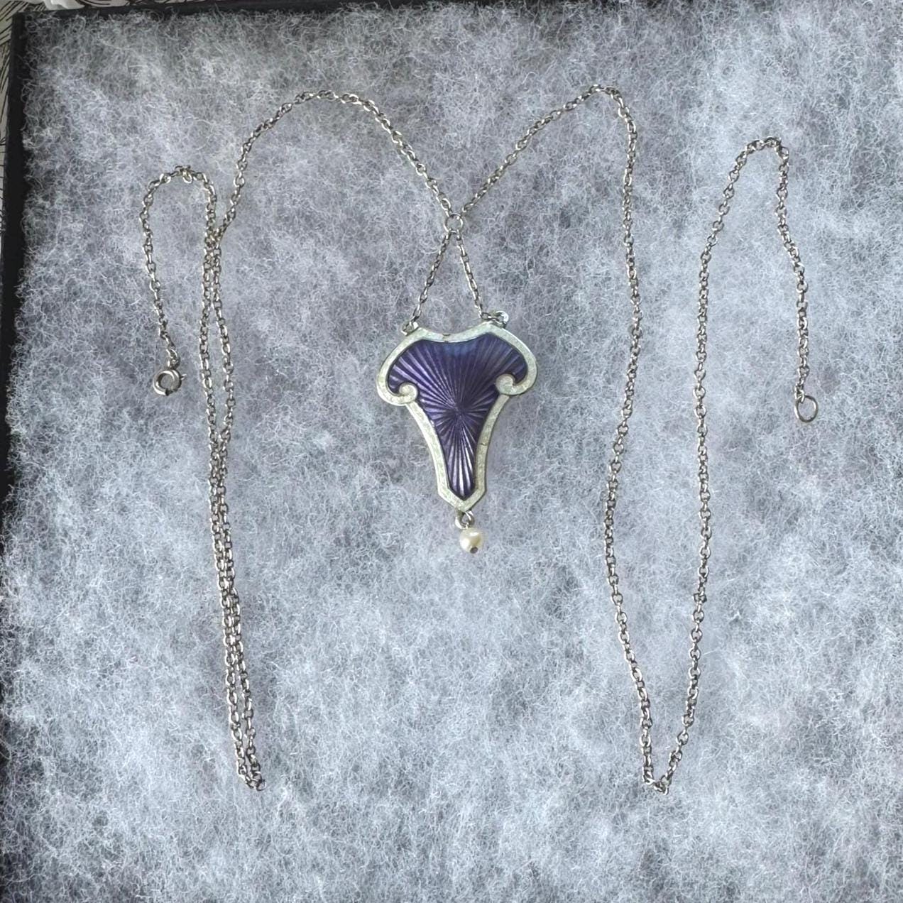 Antique Art Nouveau Sterling Silver Enamel Lavalier Pendant Necklace, Dated 1910. Edwardian Purple Guilloché Enamel Pearl Drop Long Necklace