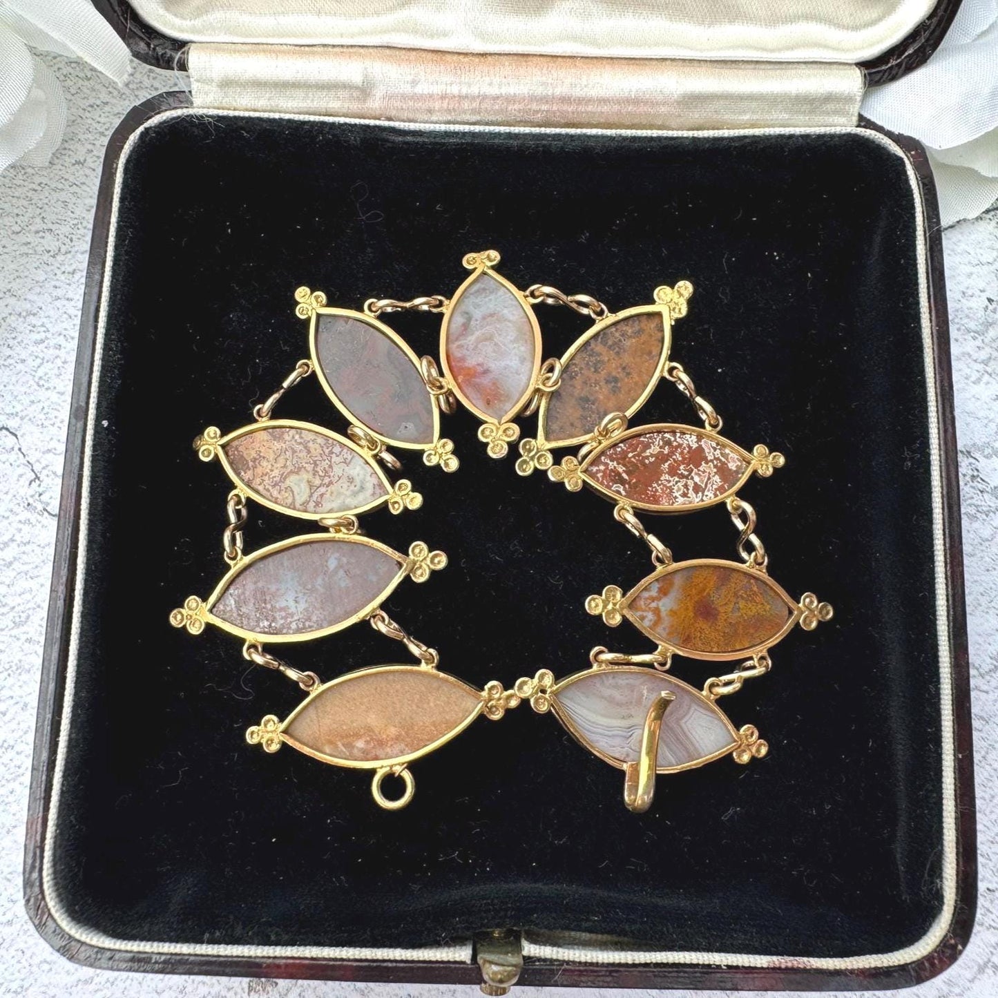 Antique Georgian Scottish Agate Gold Gilded Silver Bracelet. Wide Scottish Pebble Mixed Agate Bracelet. Victorian Marquise Panel Bracelet