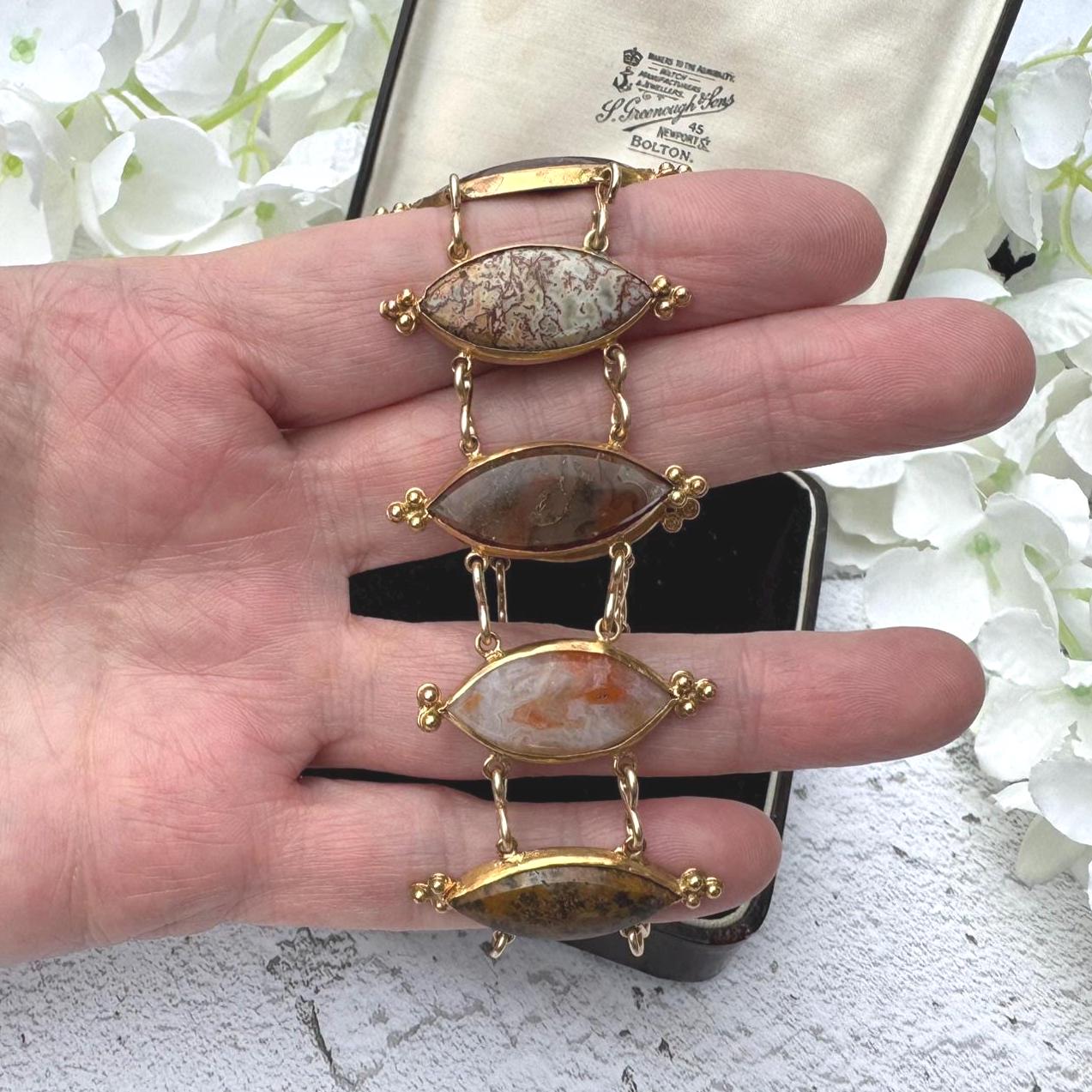Antique Georgian Scottish Agate Gold Gilded Silver Bracelet. Wide Scottish Pebble Mixed Agate Bracelet. Victorian Marquise Panel Bracelet