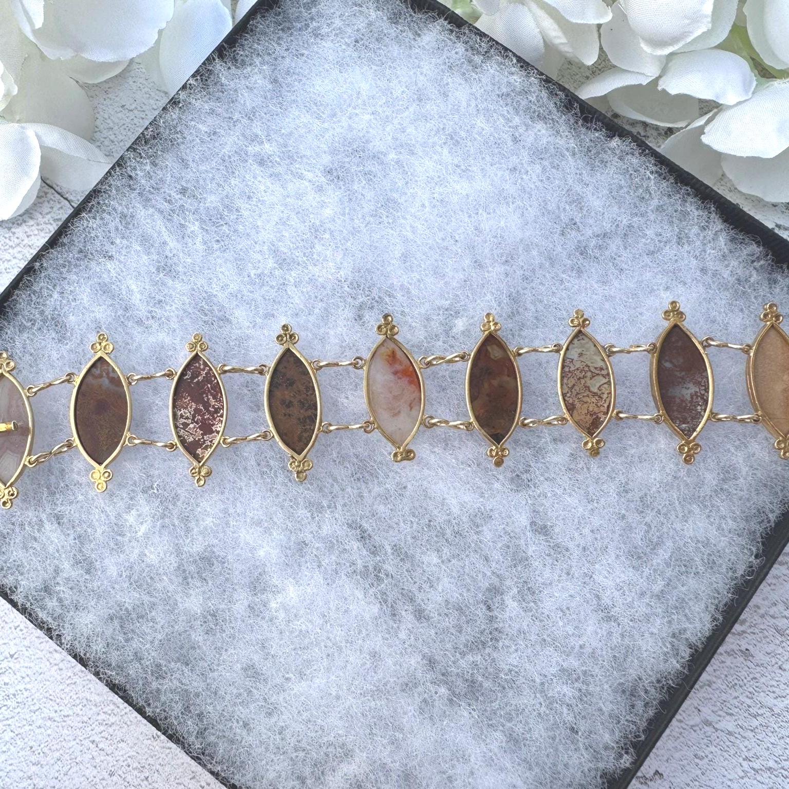 Antique Georgian Scottish Agate Gold Gilded Silver Bracelet. Wide Scottish Pebble Mixed Agate Bracelet. Victorian Marquise Panel Bracelet